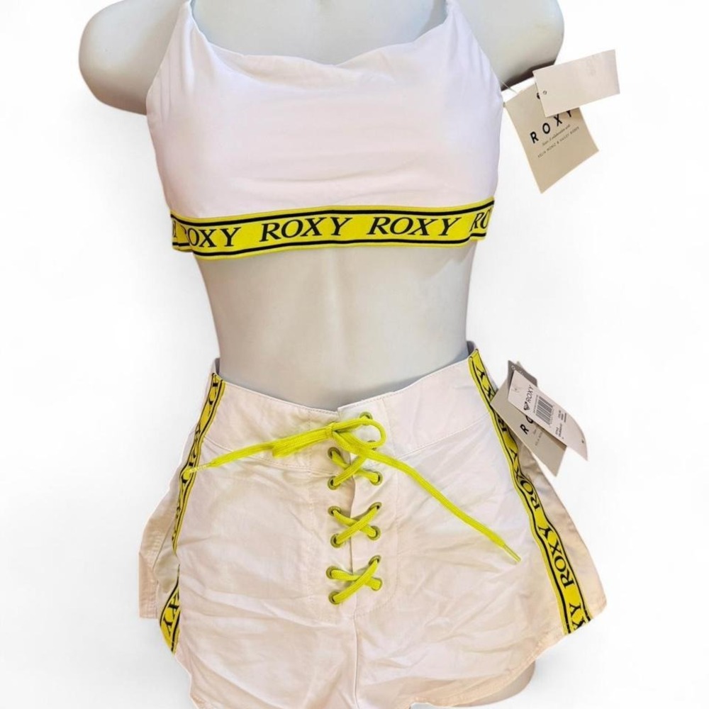 NWT Roxy lace up bottoms white and neon yellow printed swim‎ set